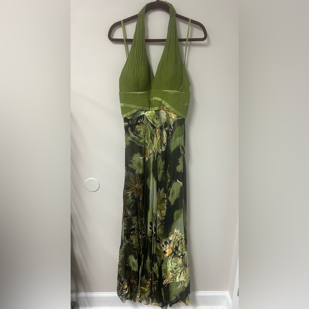 Nina Austin Halter Neck Silk Beaded Lime Green Dress Size Large